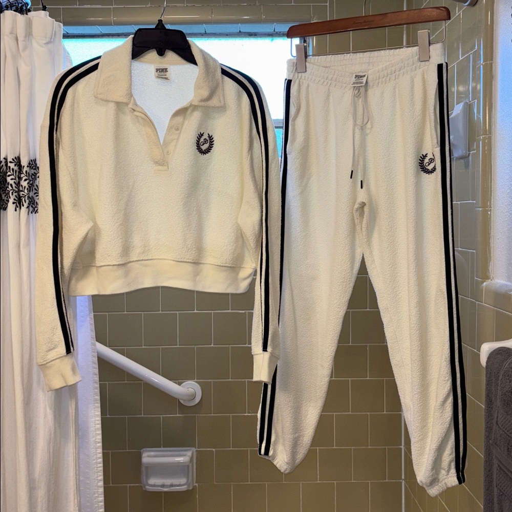 Women's Cream & Black Side Stripes Track Pants and Crop Top Set